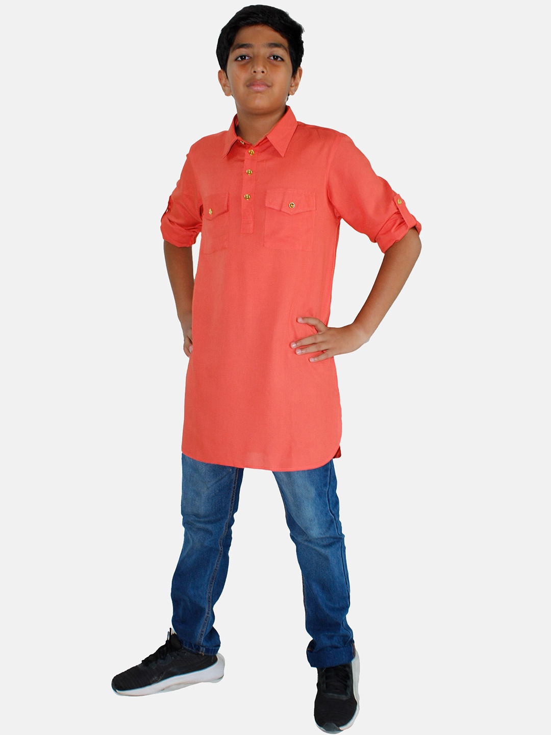 

KiddoPanti Boys Pathani Kurta With Denim Pant, Orange