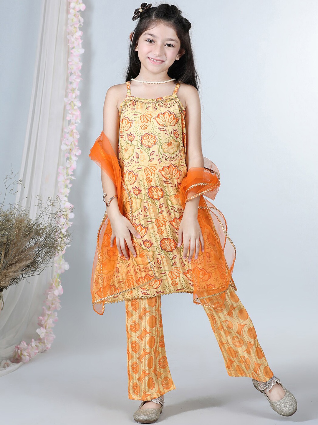 

Cutiekins Girls Floral Printed Shoulder Straps A-Line Kurta & Palazzos With Dupatta, Yellow