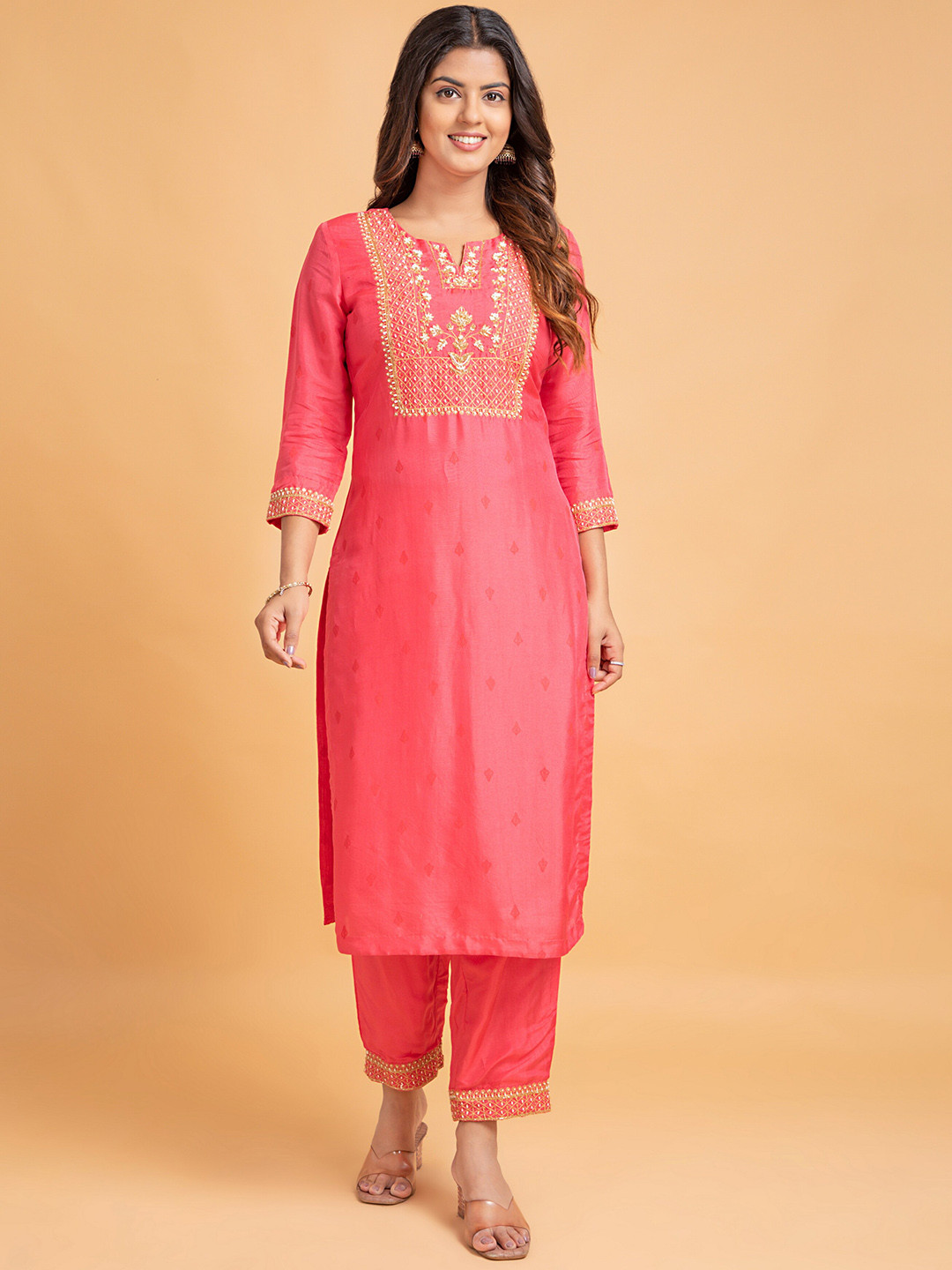 

SUTI Ethnic Motifs Embroidered Sequined Pure Silk Kurta with Trousers, Pink