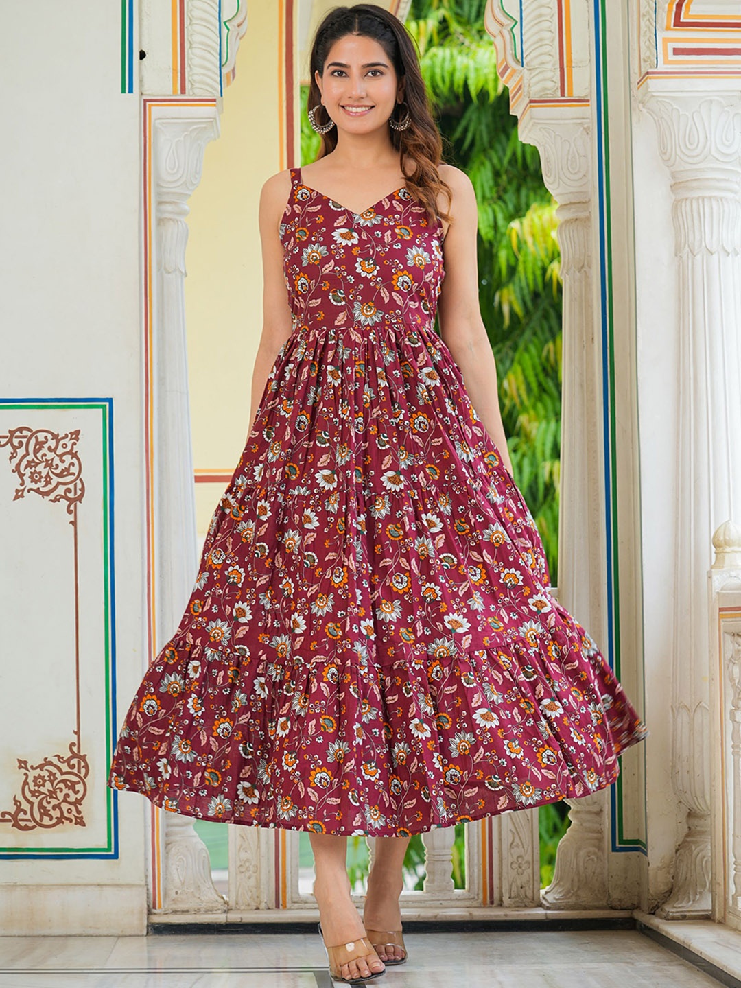 

VASTRAMANIAA Floral Printed Cotton Fit & Flare Midi Dress, Maroon