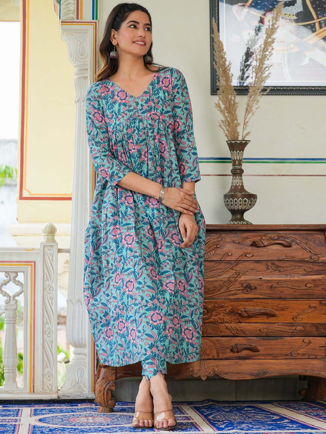 

VASTRAMANIAA Floral Printed Cotton A-Line Midi Dress, Blue