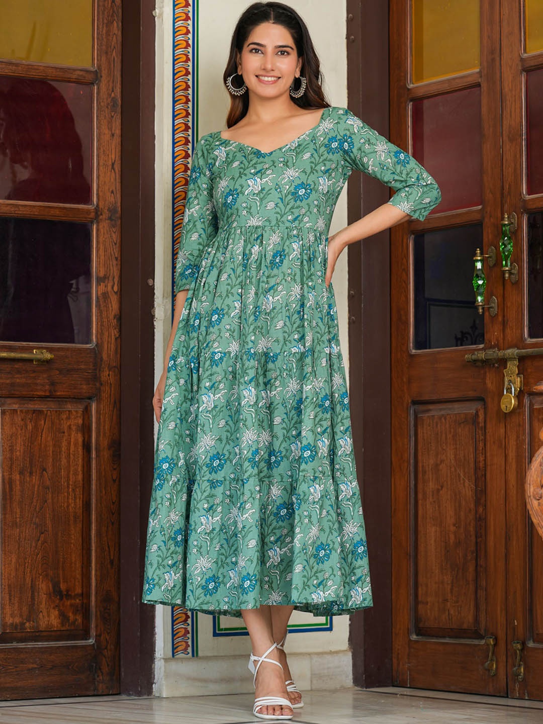 VASTRAMANIAA Floral Printed Cotton A-Line Midi Dress, Green