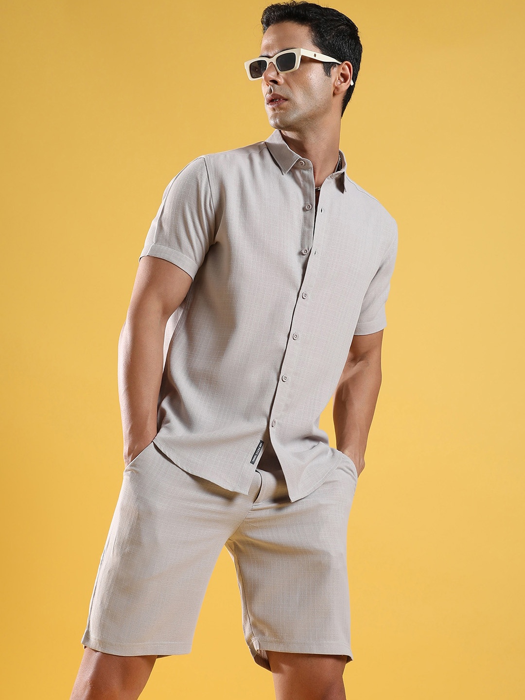 

Campus Sutra Beige Self Design Shirt With Shorts