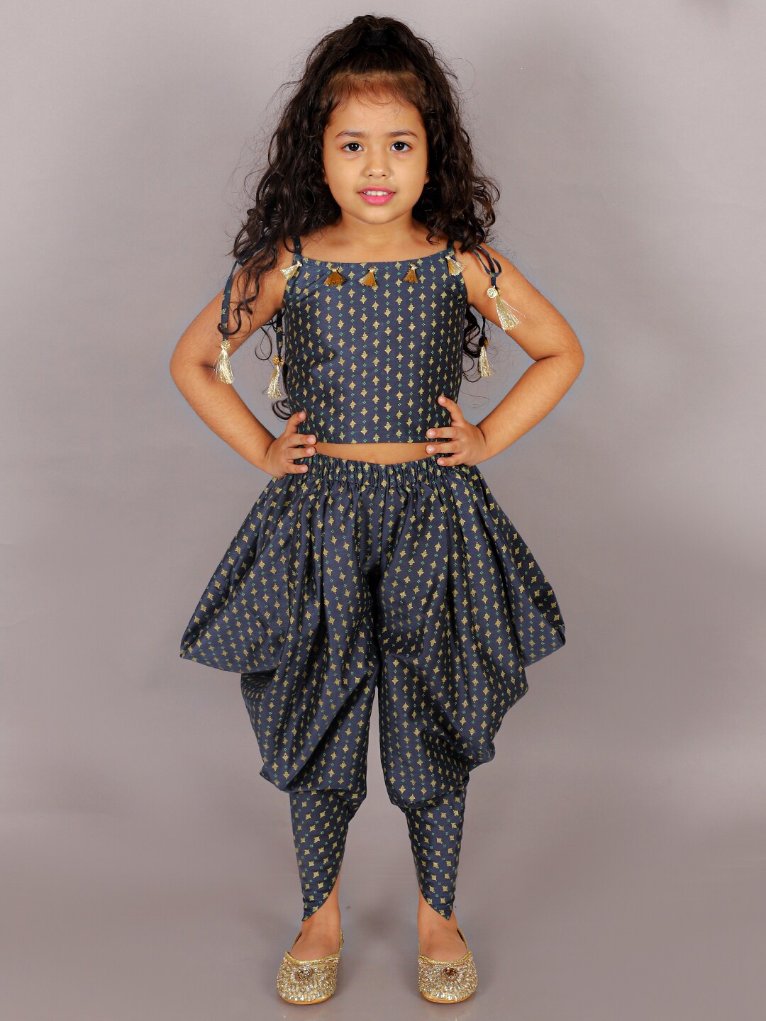 

LIL DRAMA Girls Printed Top With Dhoti Pants, Navy blue