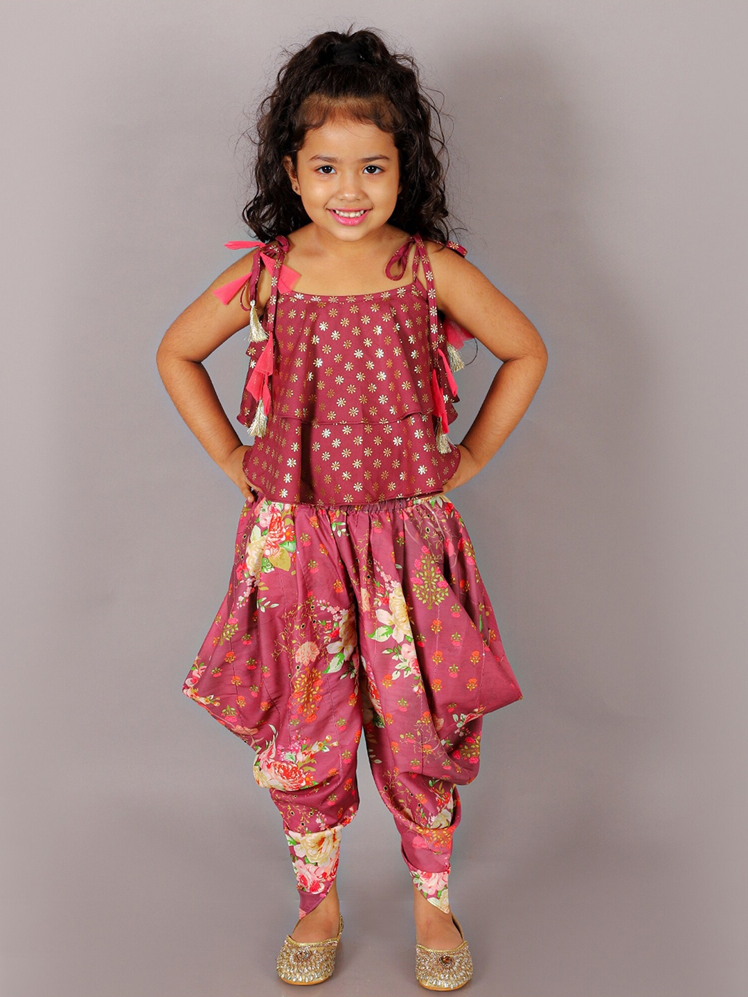 

LIL DRAMA Girls Printed Top With Dhoti Pants, Brown