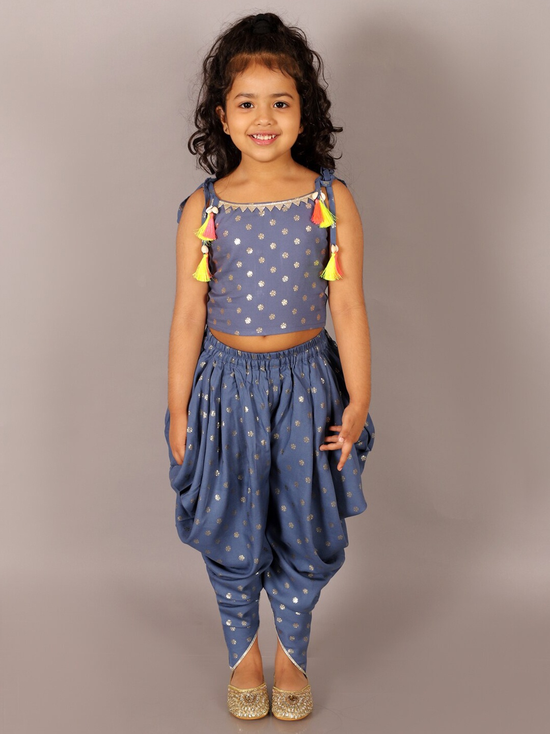 

LIL DRAMA Girls Printed Top With Dhoti Pants, Blue