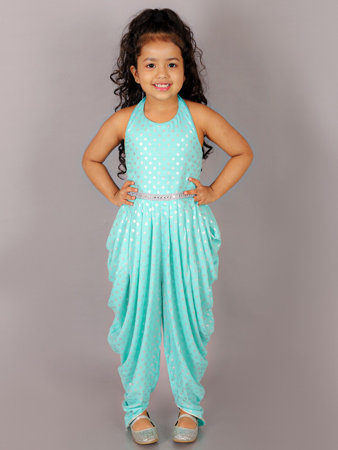 

LIL DRAMA Kids Girls Halter Neck Floral Foil Printed Basic Jumpsuit, Blue