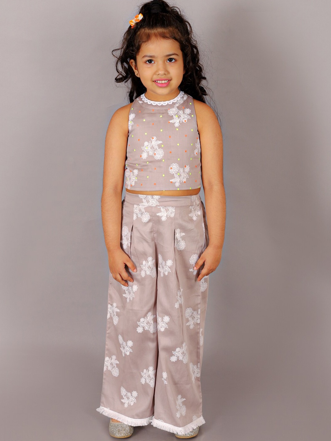 

LIL DRAMA Girls Printed Pure Cotton Top With Trousers, Grey