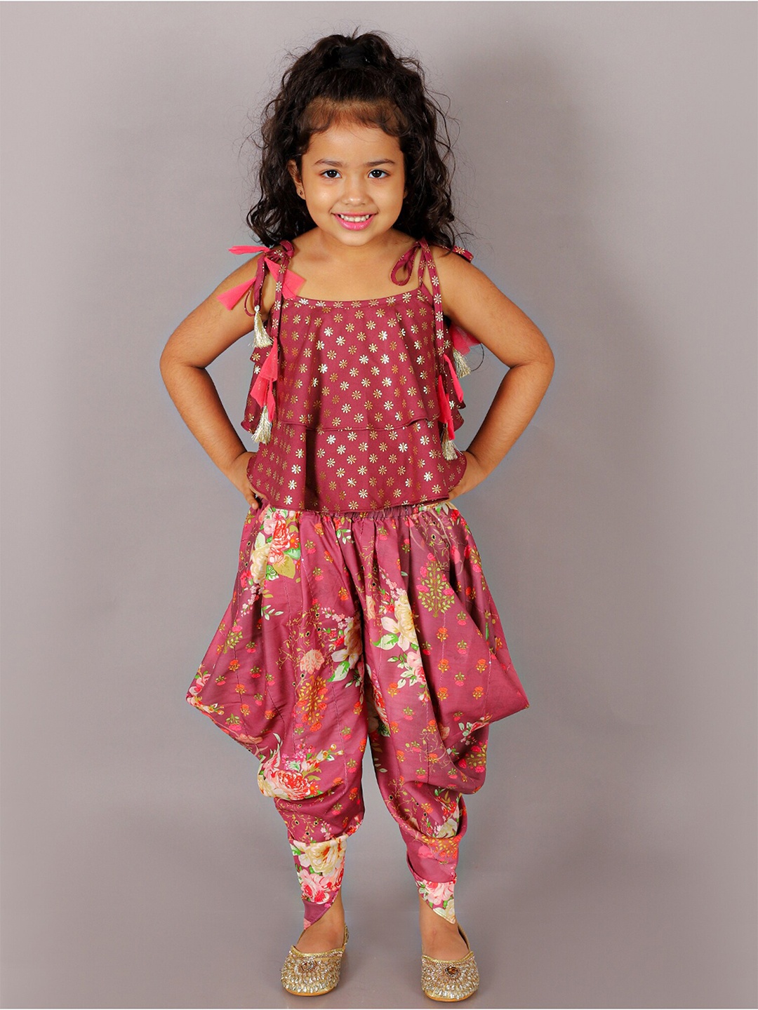 

LIL DRAMA Floral Printed Top with Dhoti Pants, Brown