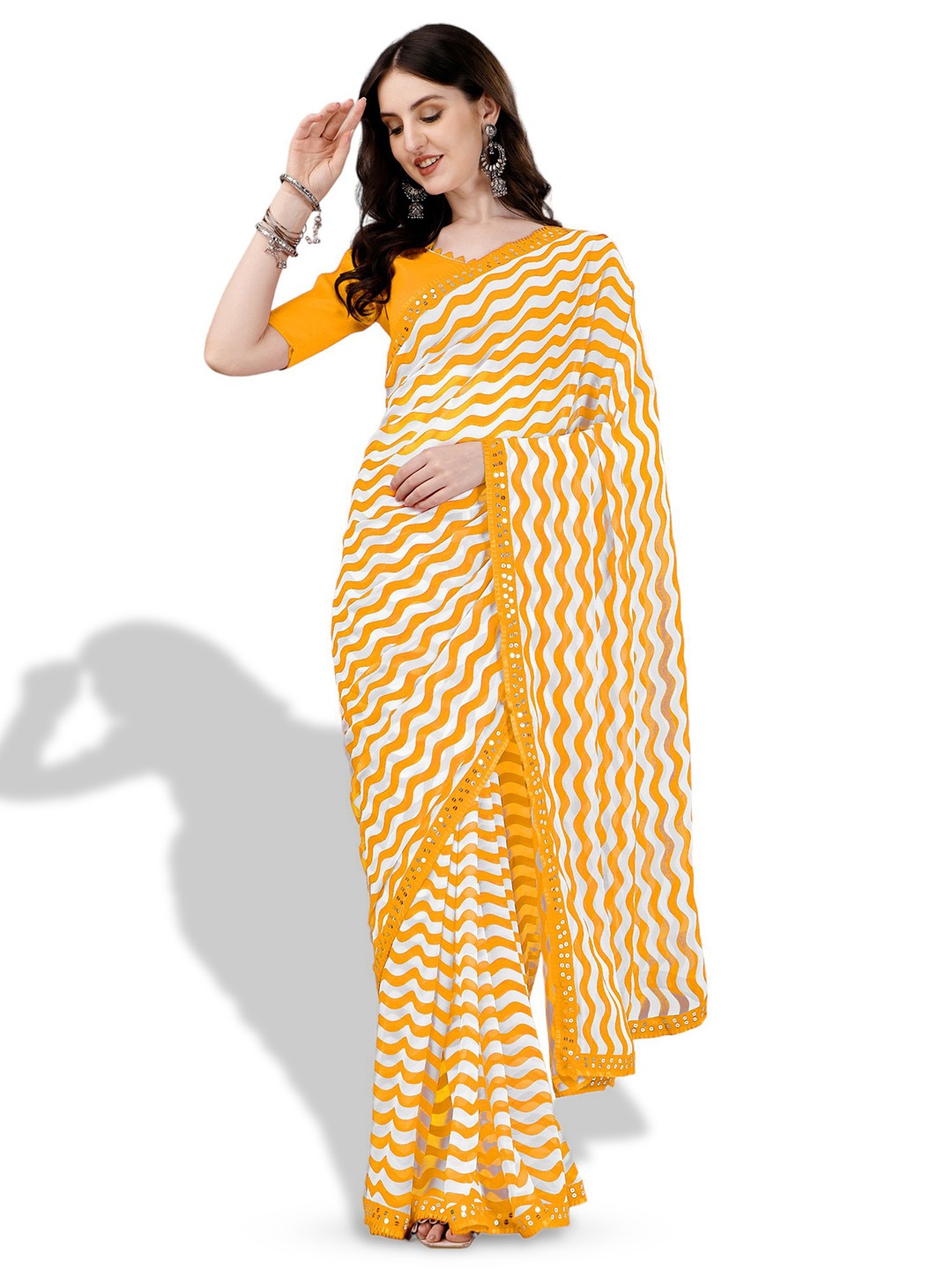

B4ME COM Leheriya Pure Georgette Leheriya Saree, Yellow