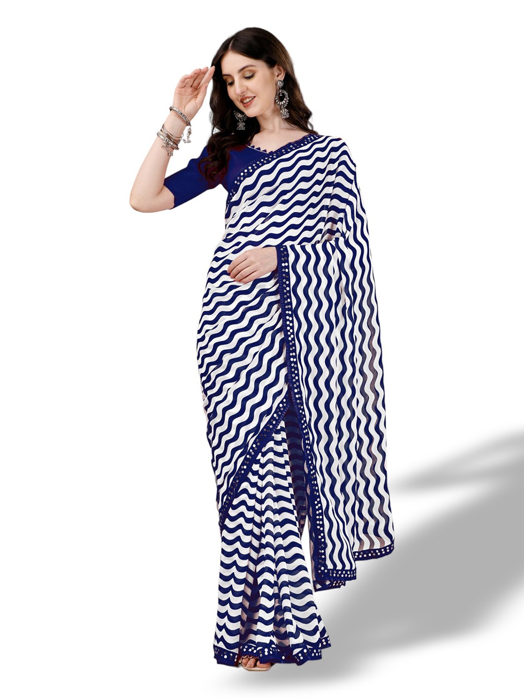 

B4ME COM Striped Sequinned Pure Georgette Designer Leheriya Saree, Navy blue