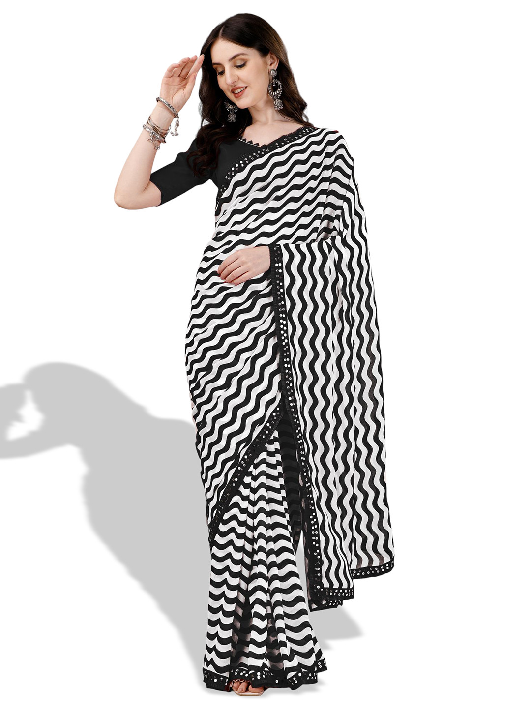 

B4ME COM Leheriya Printed Sequinned Pure Georgette Saree, Black