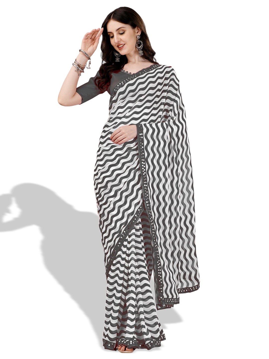 

B4ME COM Leheriya Printed Sequinned Pure Georgette Saree, Grey