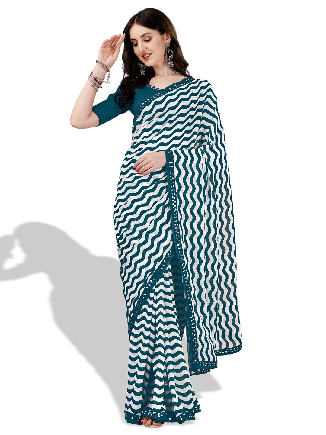 

B4ME COM Leheriya Printed Sequinned Pure Georgette Saree, Turquoise blue