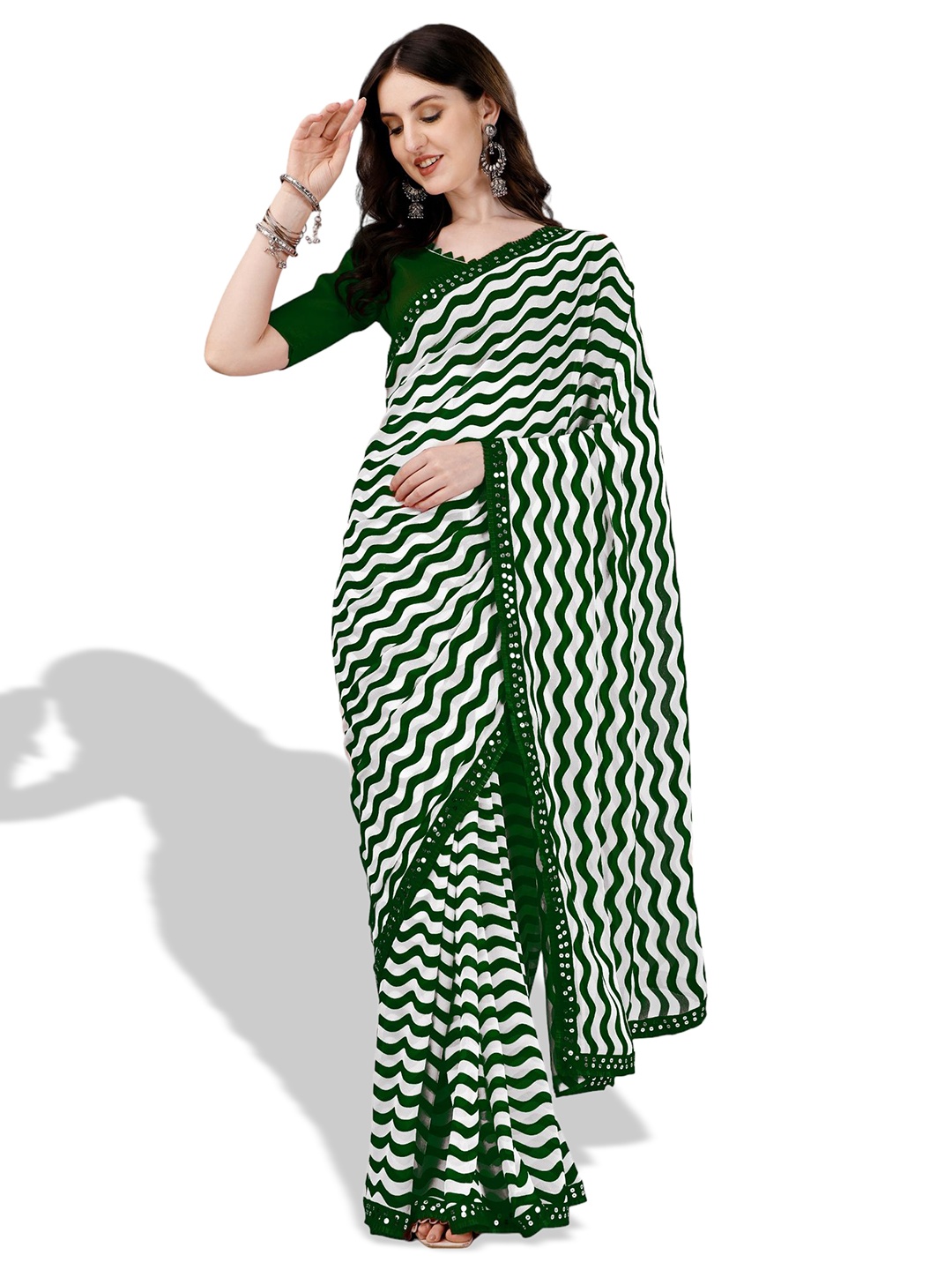 

B4ME COM Leheriya Printed Sequinned Pure Georgette Saree, Green