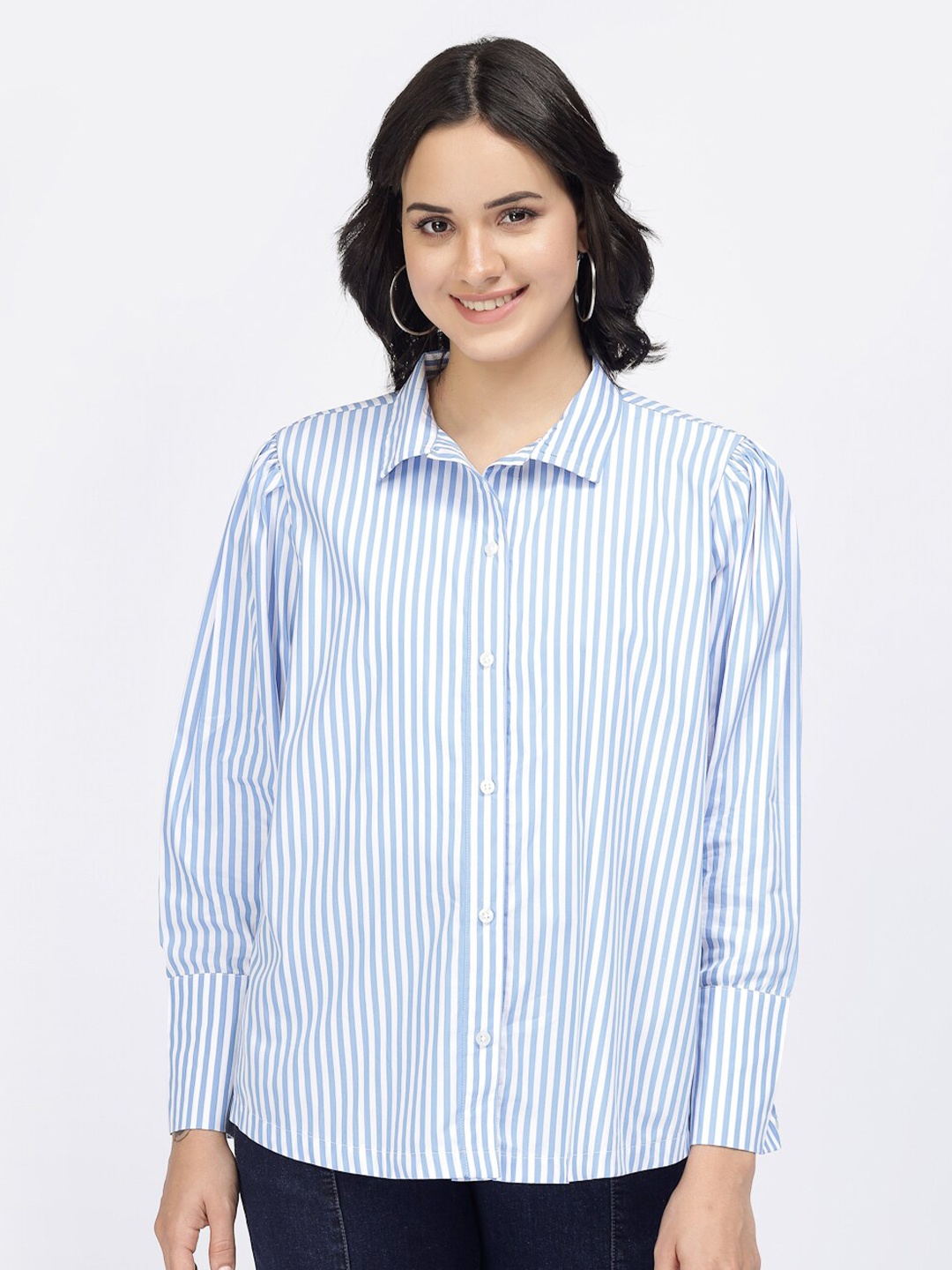 

YOONOY Spread Collar Relaxed Boxy Striped High-Low Casual Pure Cotton Shirt, Blue