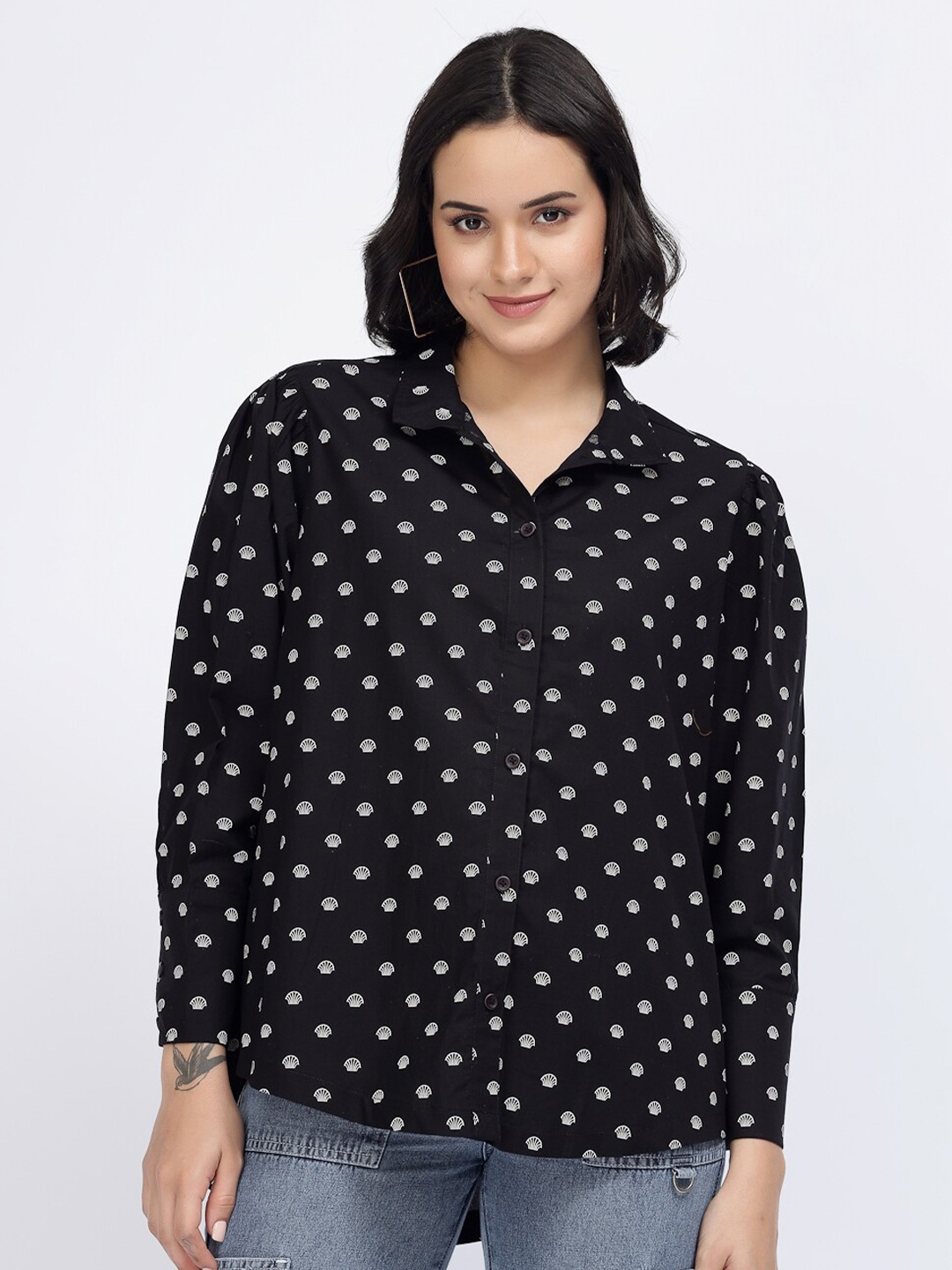 

YOONOY Relaxed Boxy Conversational Printed High-Low Casual Pure Cotton Shirt, Black