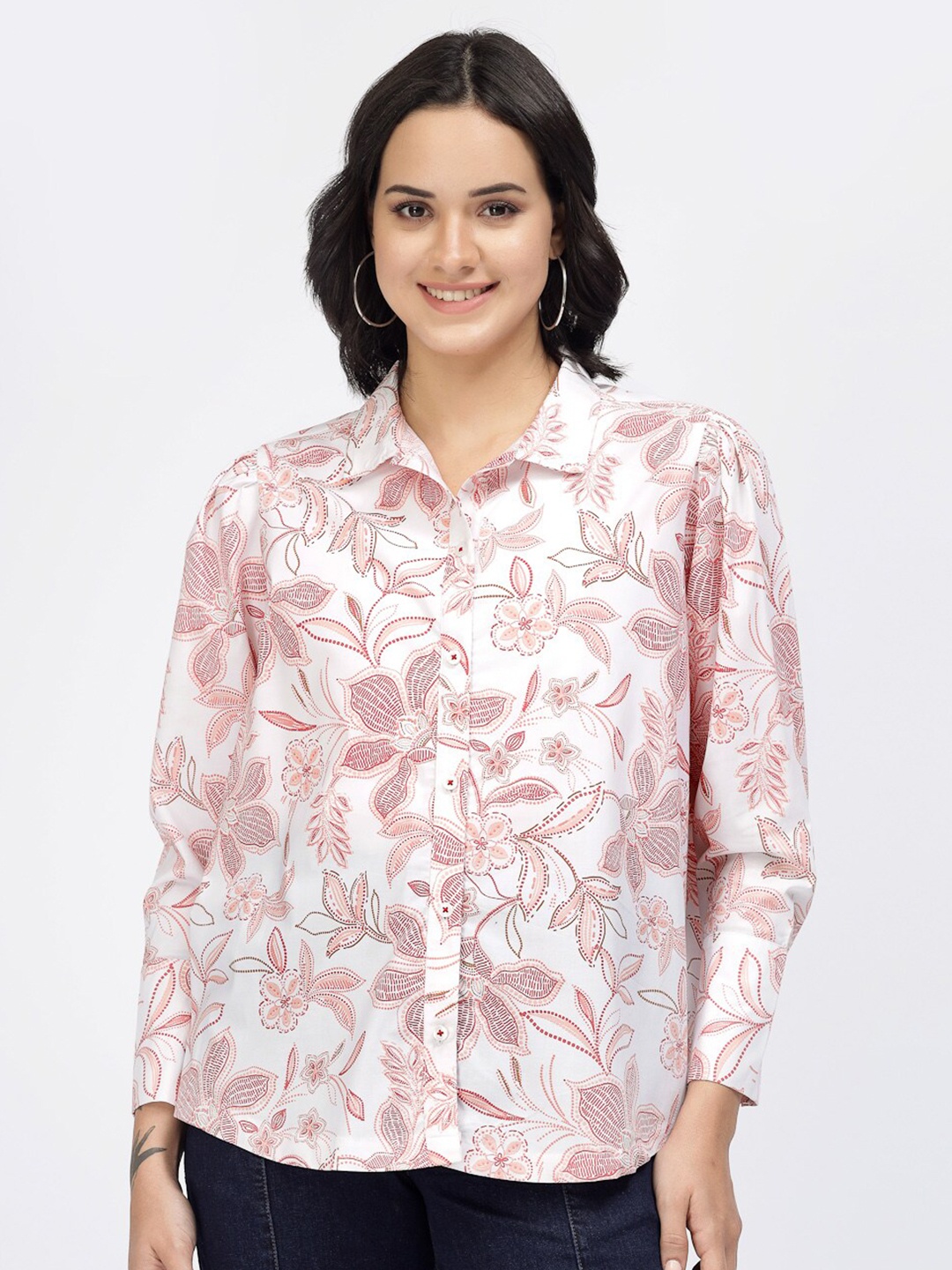 

YOONOY Relaxed Boxy Floral Printed High-Low Casual Pure Cotton Shirt, White