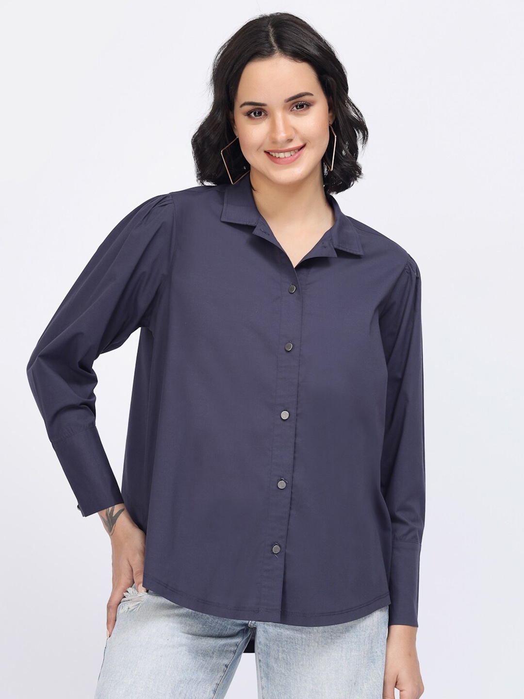 

YOONOY Spread Collar Relaxed Boxy High Low Casual Pure Cotton Shirt, Navy blue