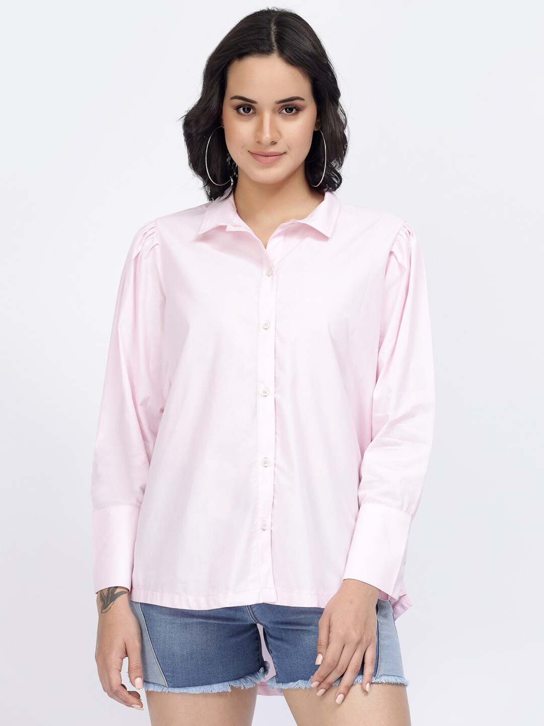

YOONOY Relaxed Boxy High-Low Casual Pure Cotton Shirt, Pink