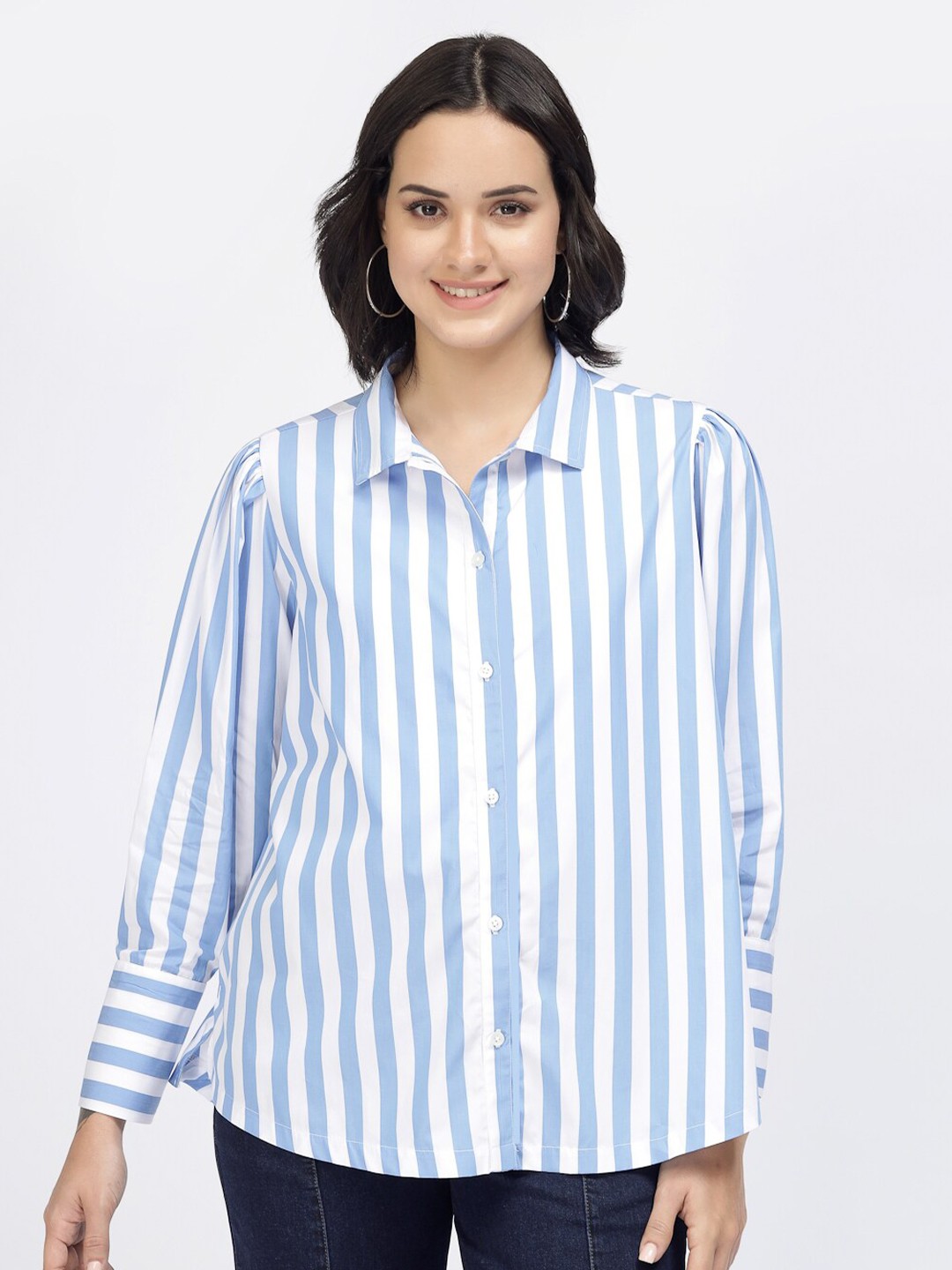 

YOONOY Boxy Striped Pure Cotton Casual Shirt, Blue