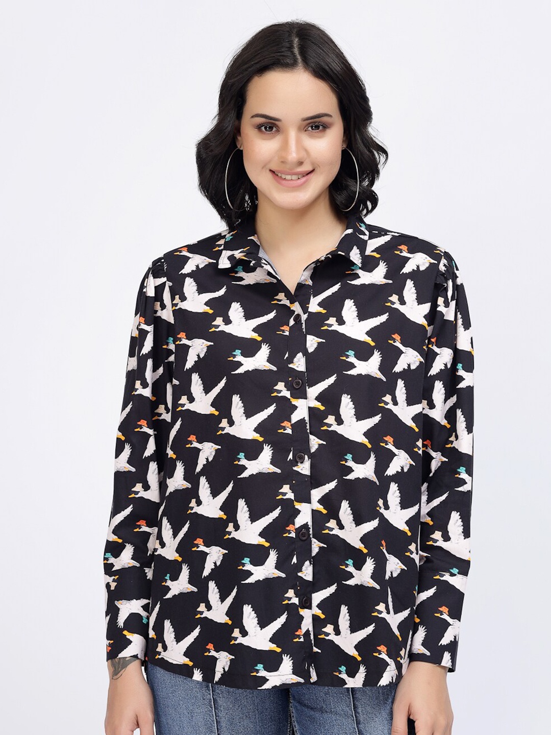 

YOONOY Relaxed Boxy Conversational Printed Pure Cotton Casual Shirt, Black