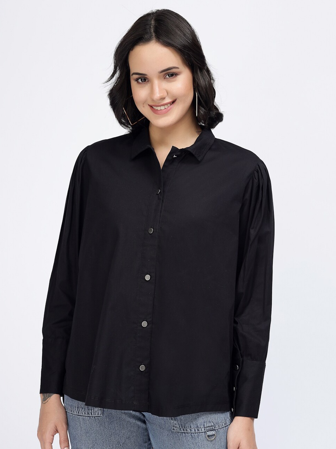 

YOONOY Spread Collar Relaxed Boxy Casual Pure Cotton Shirt, Black