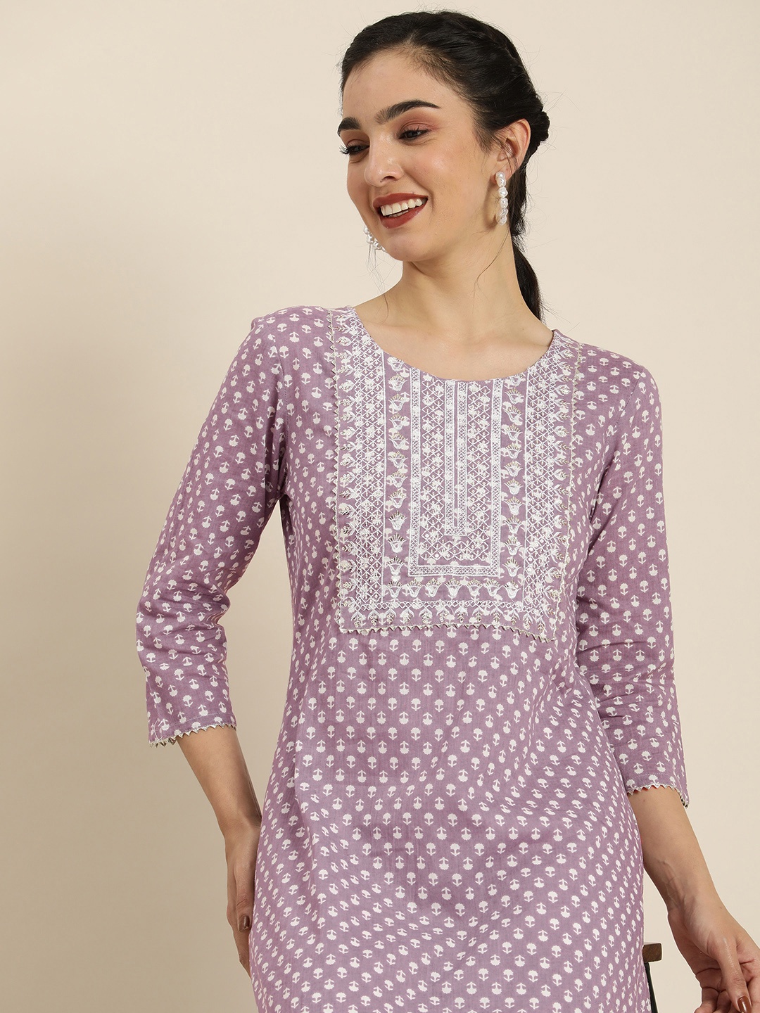 

HERE&NOW Women Ethnic Motifs Printed Gotta Patti Kurta, Lavender