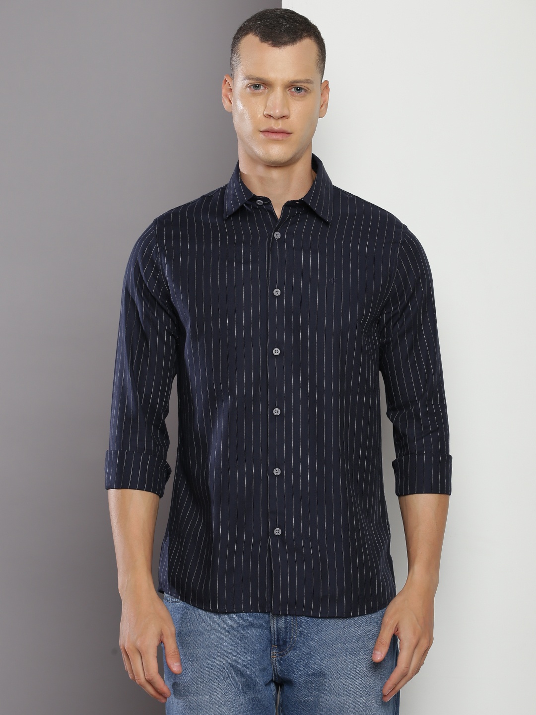 

Calvin Klein Jeans Slim Fit Vertical Stripes Pure Cotton Casual Shirt, Blue