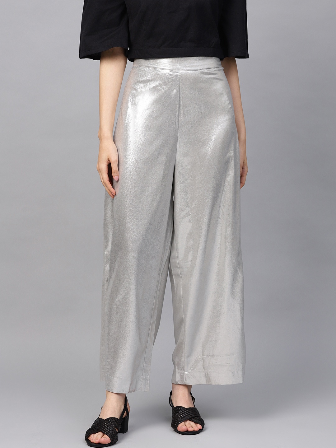 

W Women Silver Solid Straight Palazzos