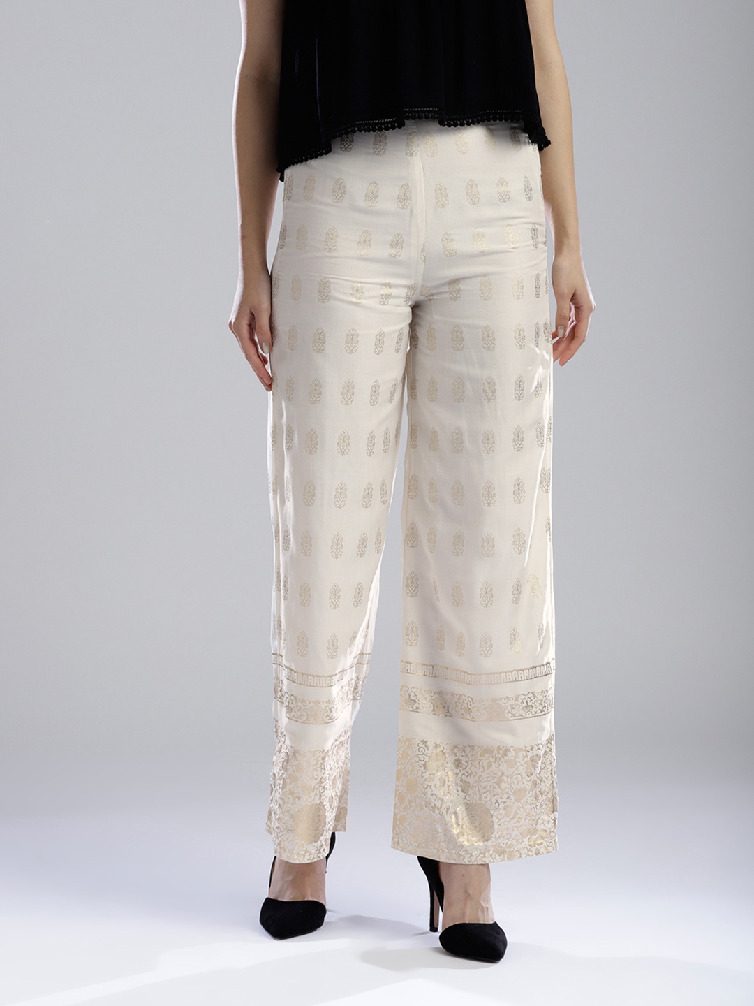 

W Women Off-White & Golden Printed Straight Palazzos