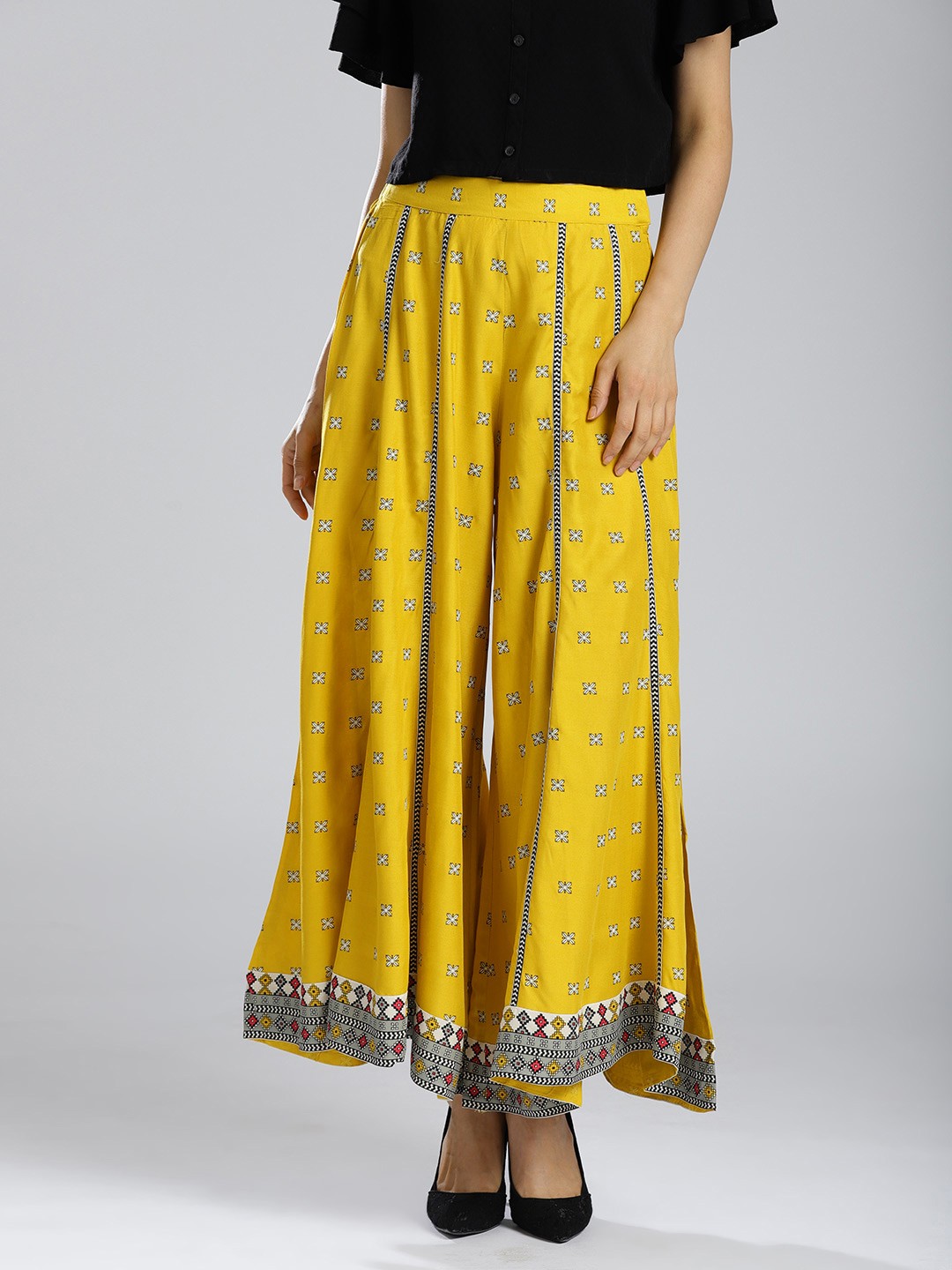 

W Women Mustard Yellow Printed Flared Palazzos
