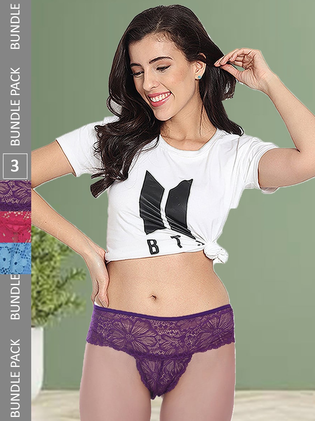 

Fleurt Pack Of 3 Assorted Laced Hipster Briefs