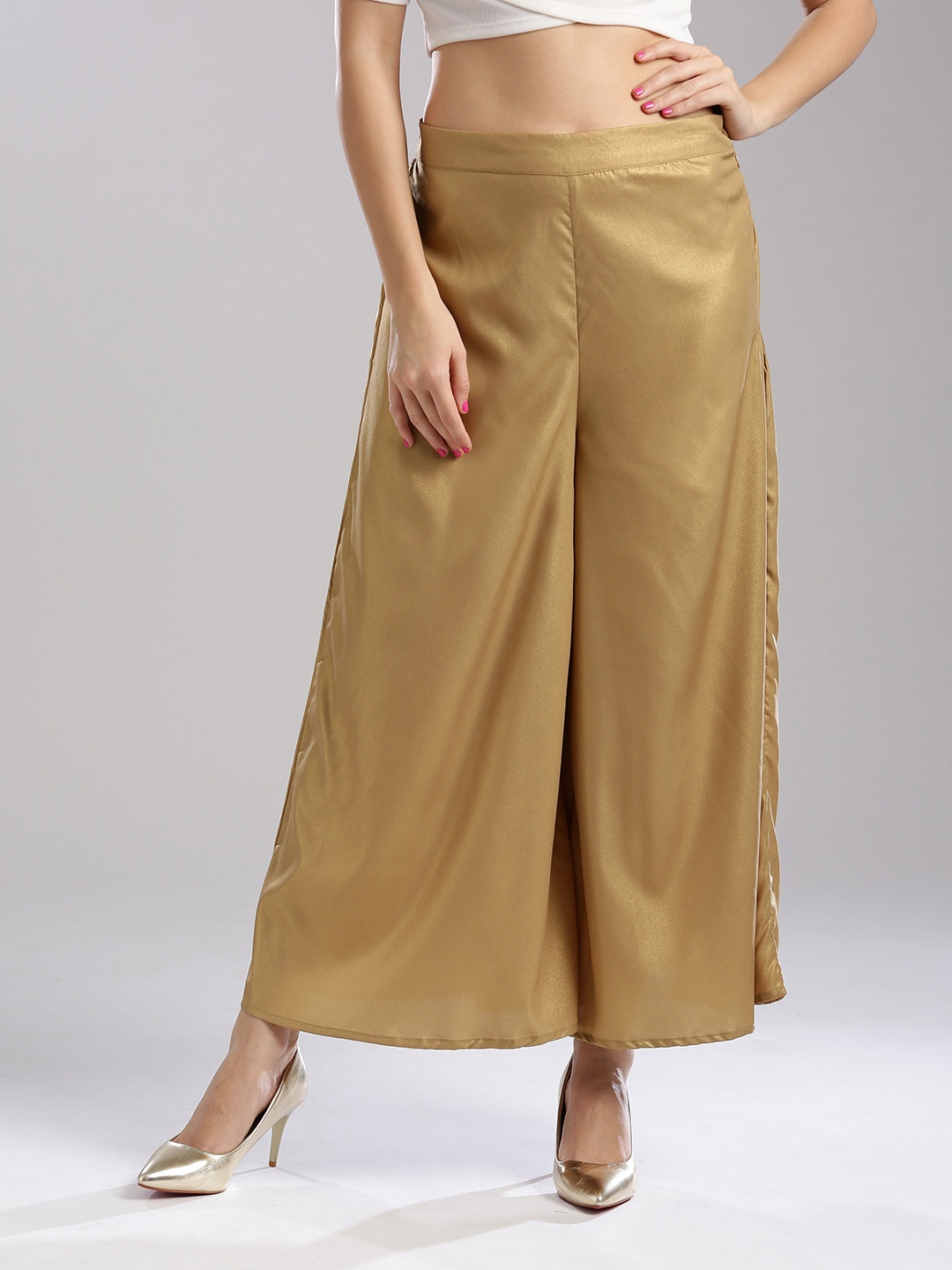 

Wishful by W Women Golden Flared Solid Palazzos, Gold