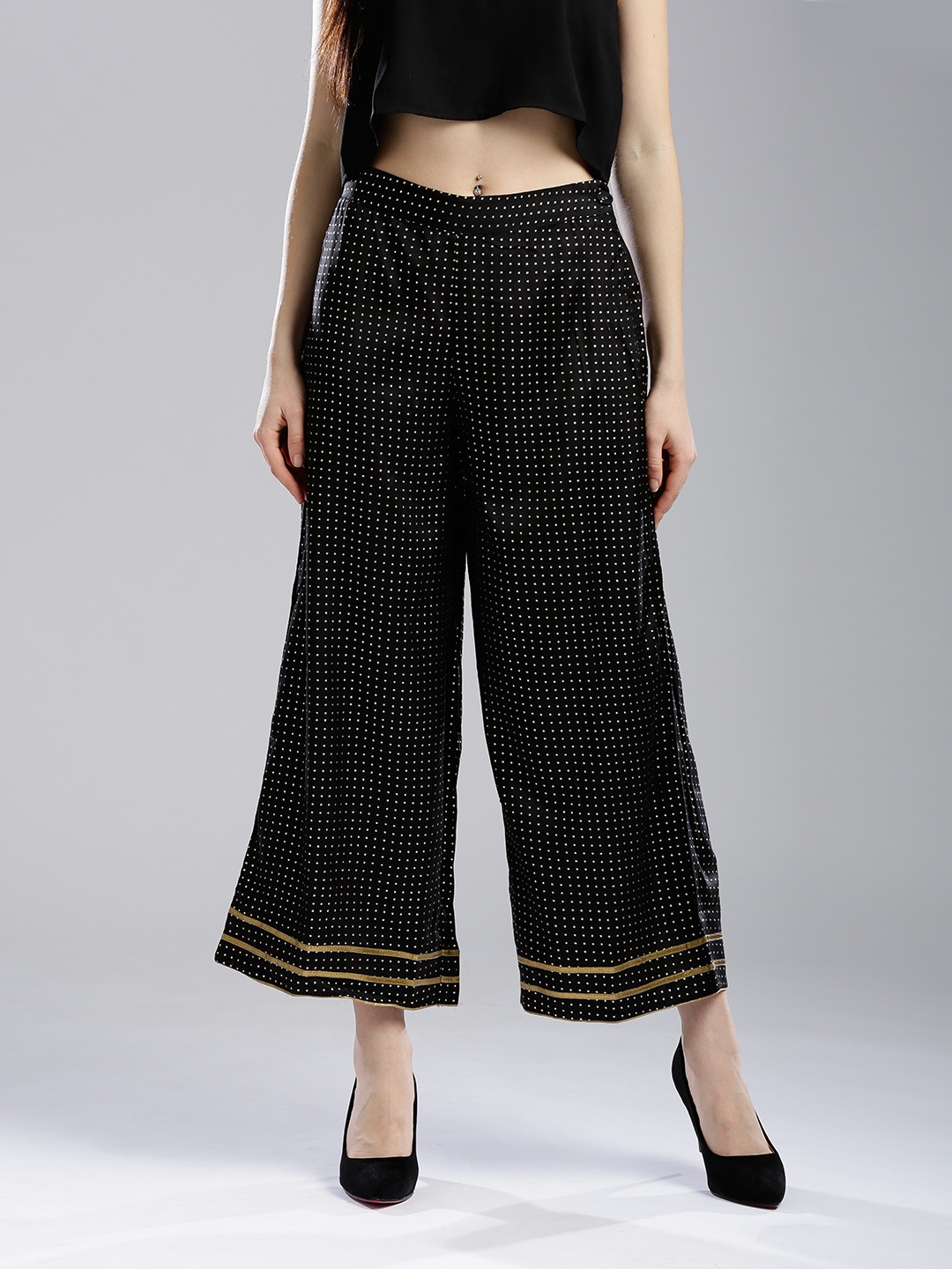 

WISHFUL by W Women Black & Golden Printed Straight Palazzos