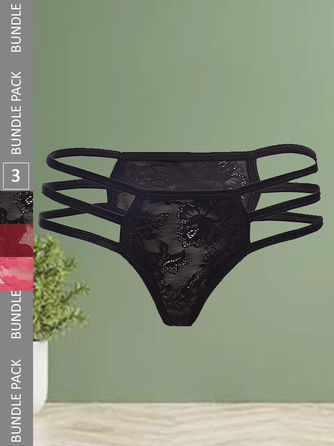 

Fleurt Pack Of 3 Self Design Assorted Lace Thongs Briefs