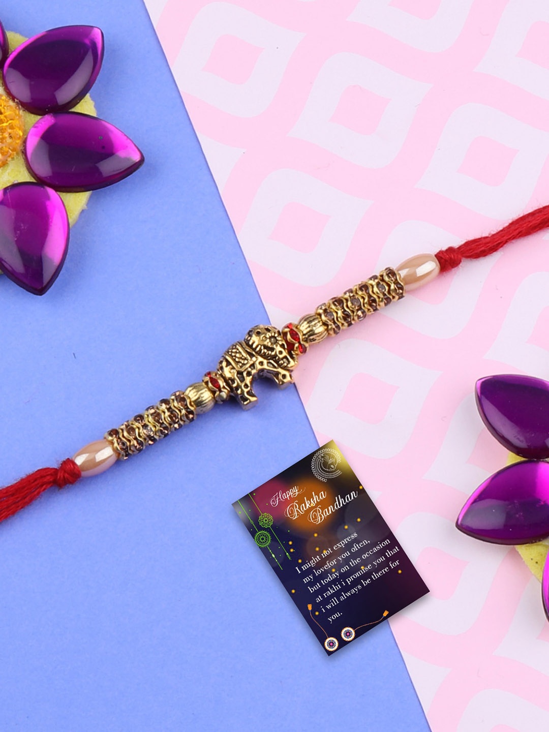 

Silver Shine Set Of 2 Beaded Thread Rakhi With Greeting Card & Roli Chawal, Red