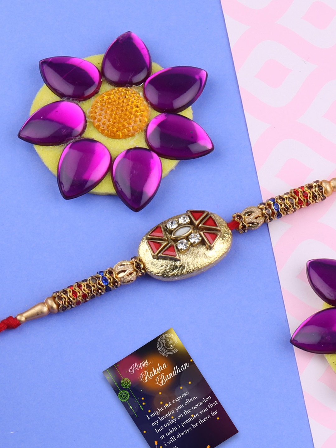 

Silver Shine Set Of 2 Stone-Studded Rakhi With Greeting Card & Roli Chawal, Red