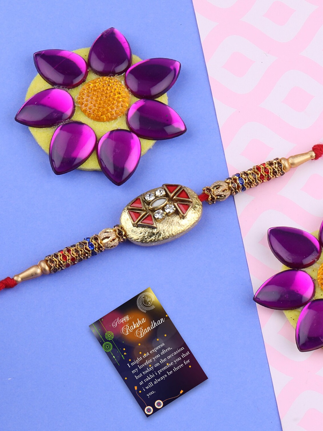 

Silver Shine Set Of 2 Charm Detail Rakhis With Roli Chawal & 1 Greeting Card, Red