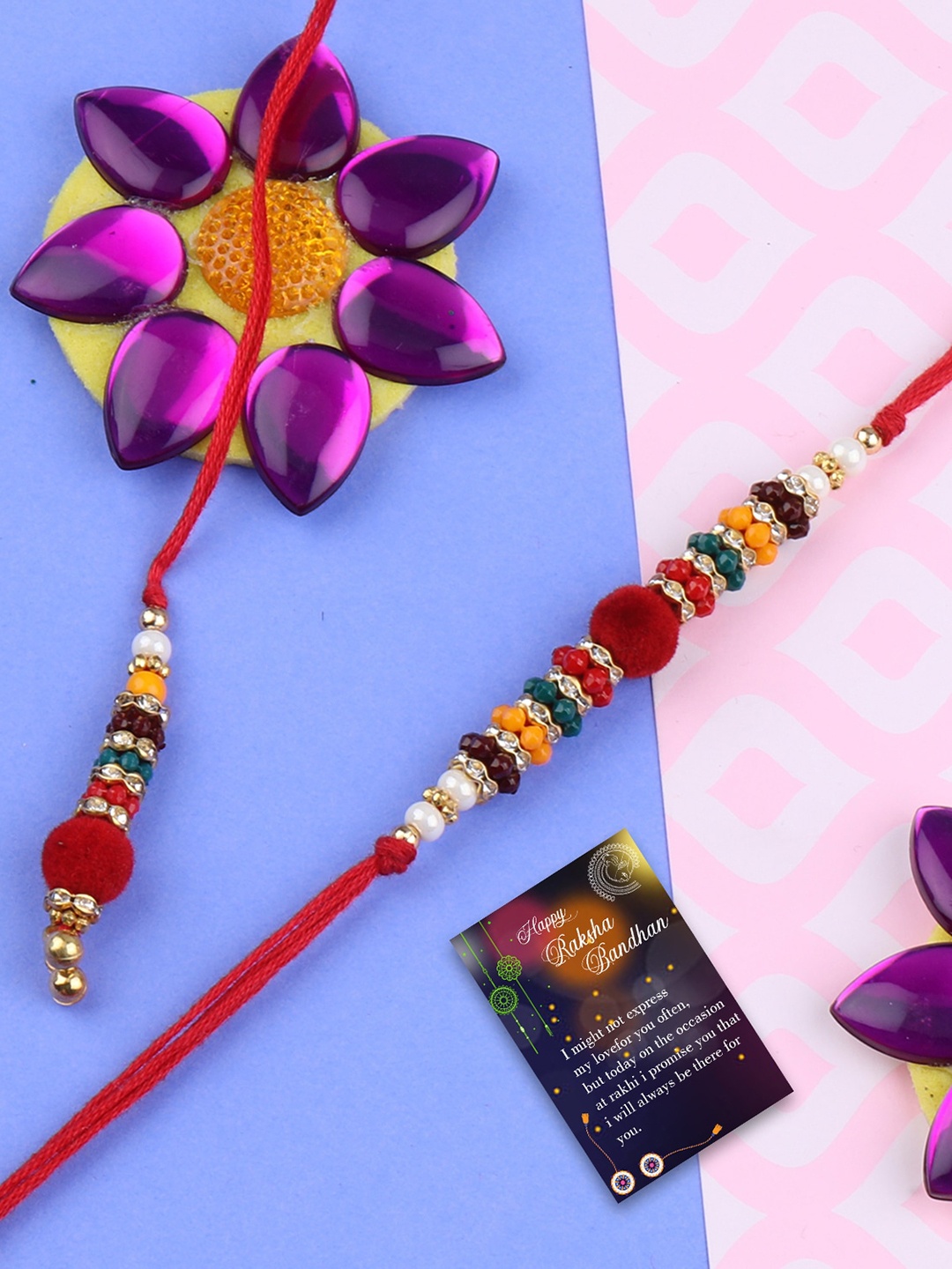 

Silver Shine Set Of 2 Beaded Thread Rakhis With Roli Chawal & Greeting Card, Red