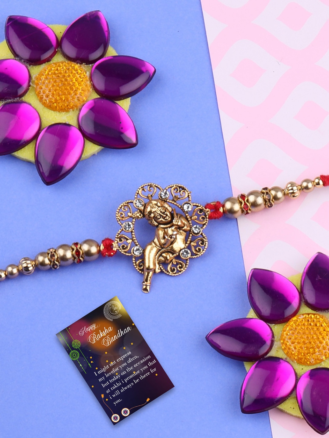 

Silver Shine Set Of 2 Charm Detail Rakhis With Roli Chawal & 1 Greeting Card, Red