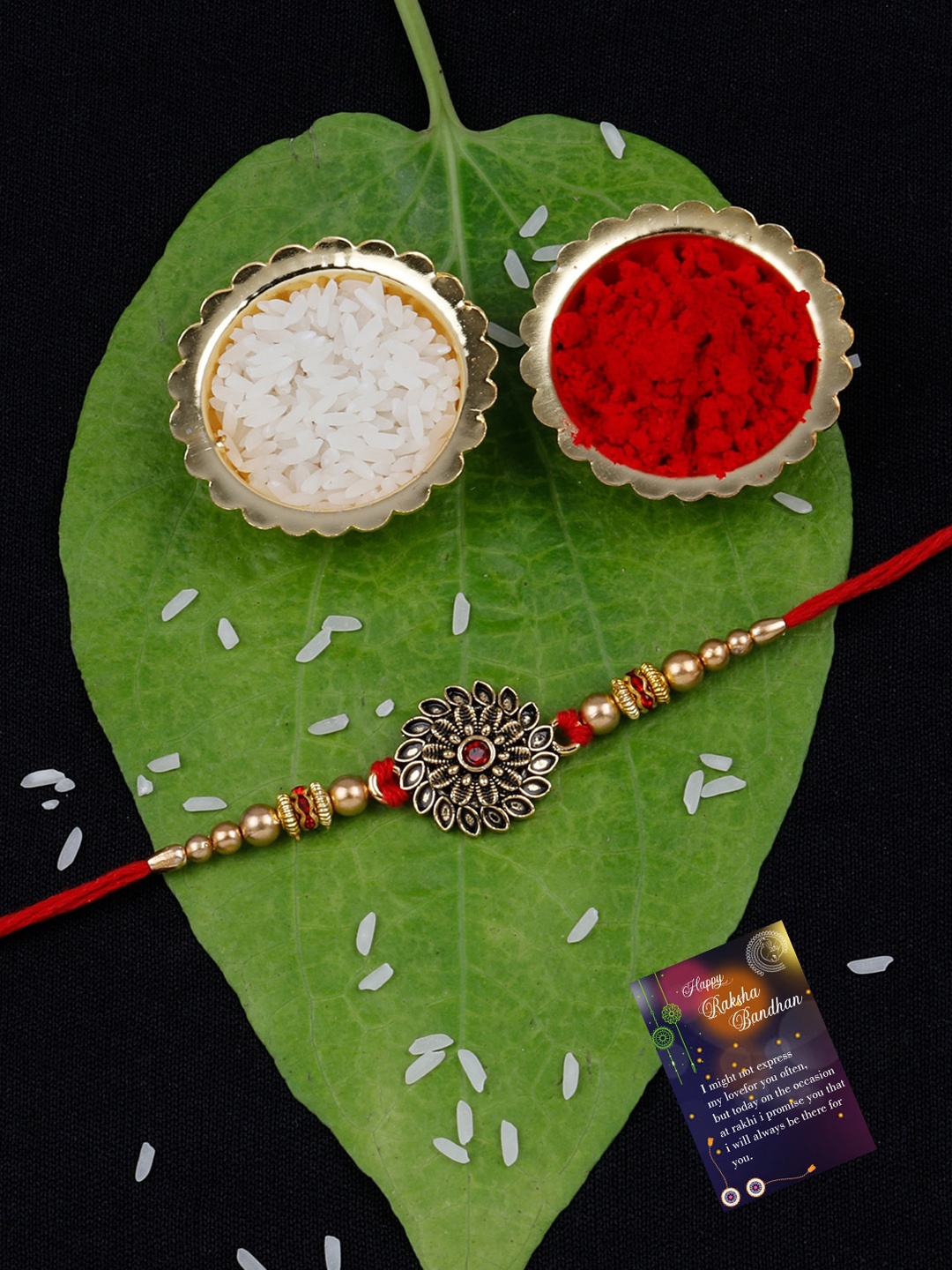 

Silver Shine Unisex Set Of 2 Stone-Studded & Ganesha Charm Rakhi, Gold