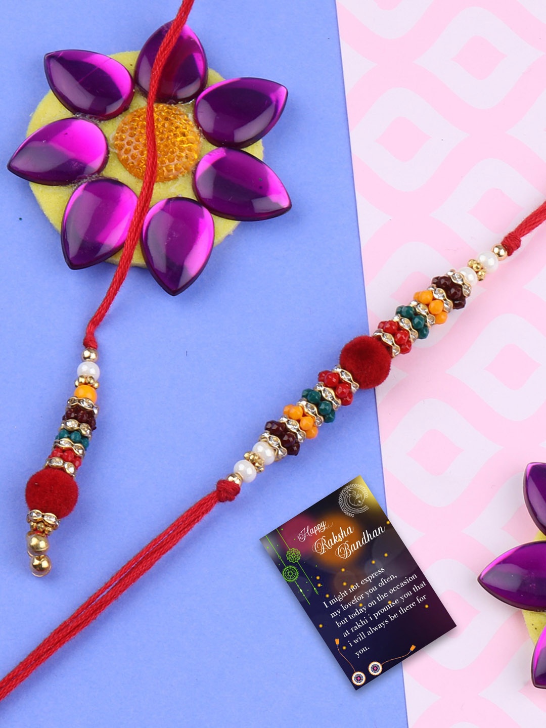 

Silver Shine Men Set Of 2 Beaded Thread Rakhi With Greeting Card & Roli Chawal, Red