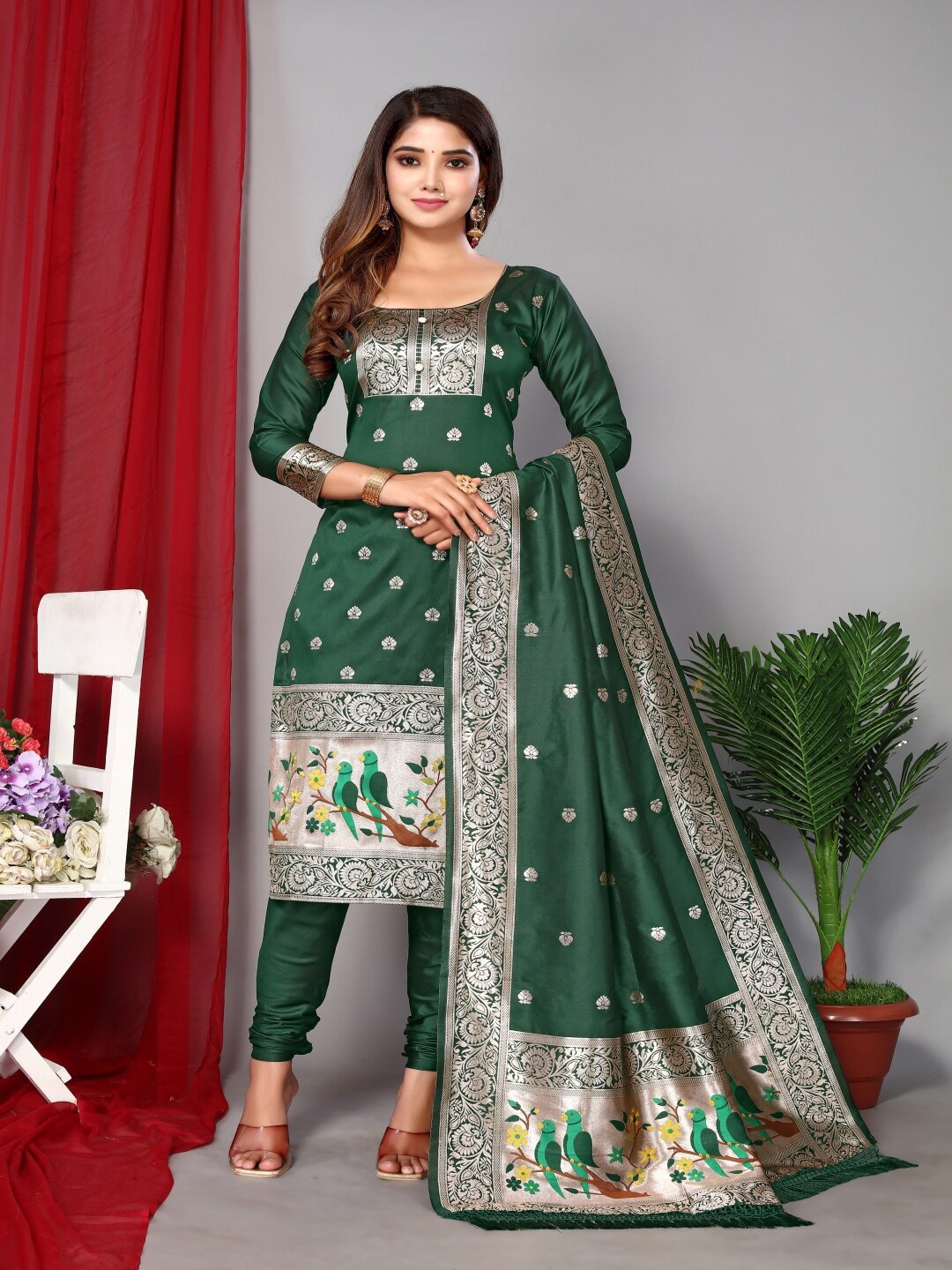 

Paramparik Textile Ethnic Woven Design Unstitched Dress Material, Green