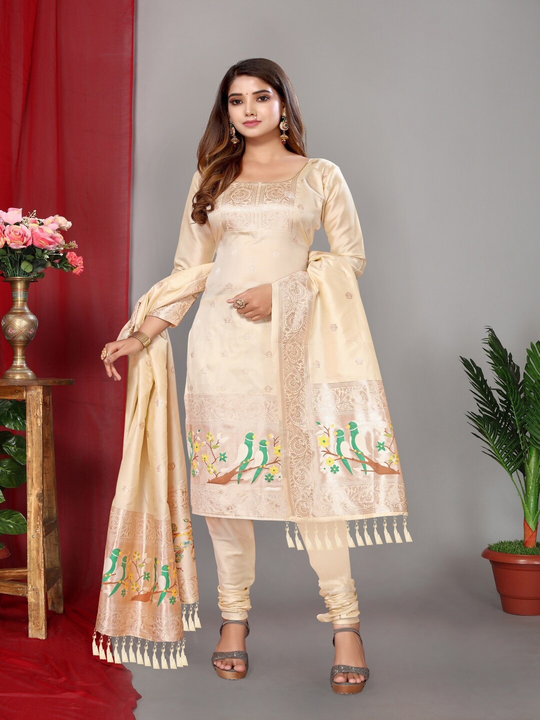 

Paramparik Textile Ethnic Motifs Woven Design Unstitched Dress Material, White