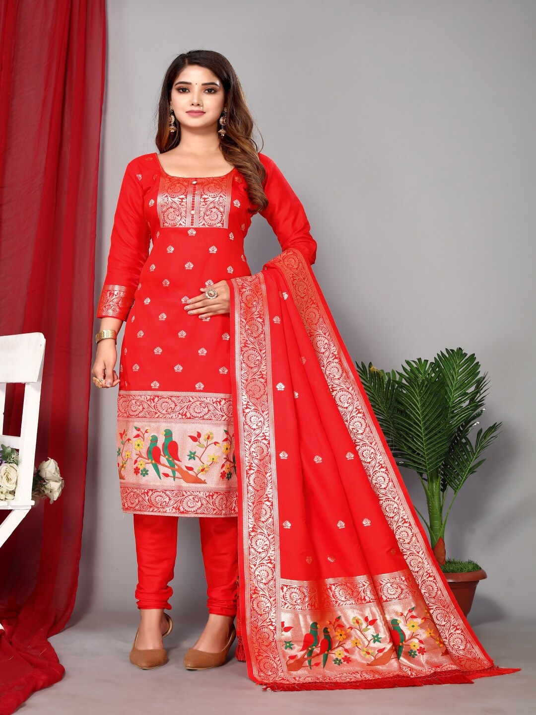 

Paramparik Textile Ethnic Woven Design Unstitched Dress Material, Red