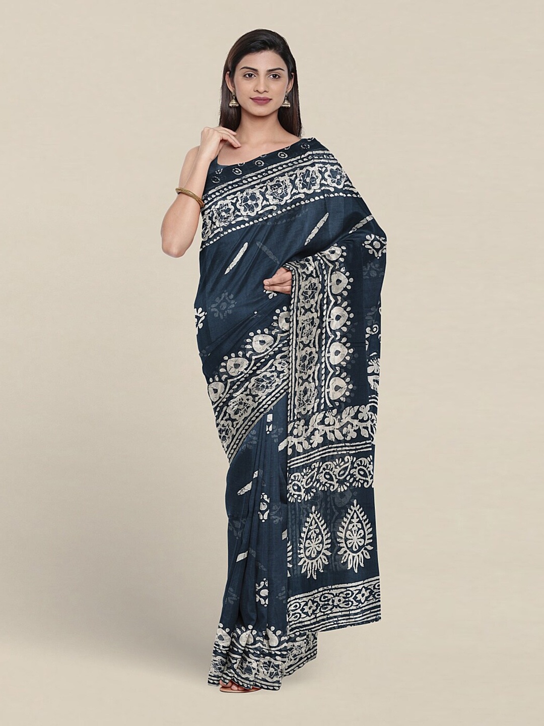 

Pothys Ethnic Motifs Printed Pure Cotton Saree, Navy blue
