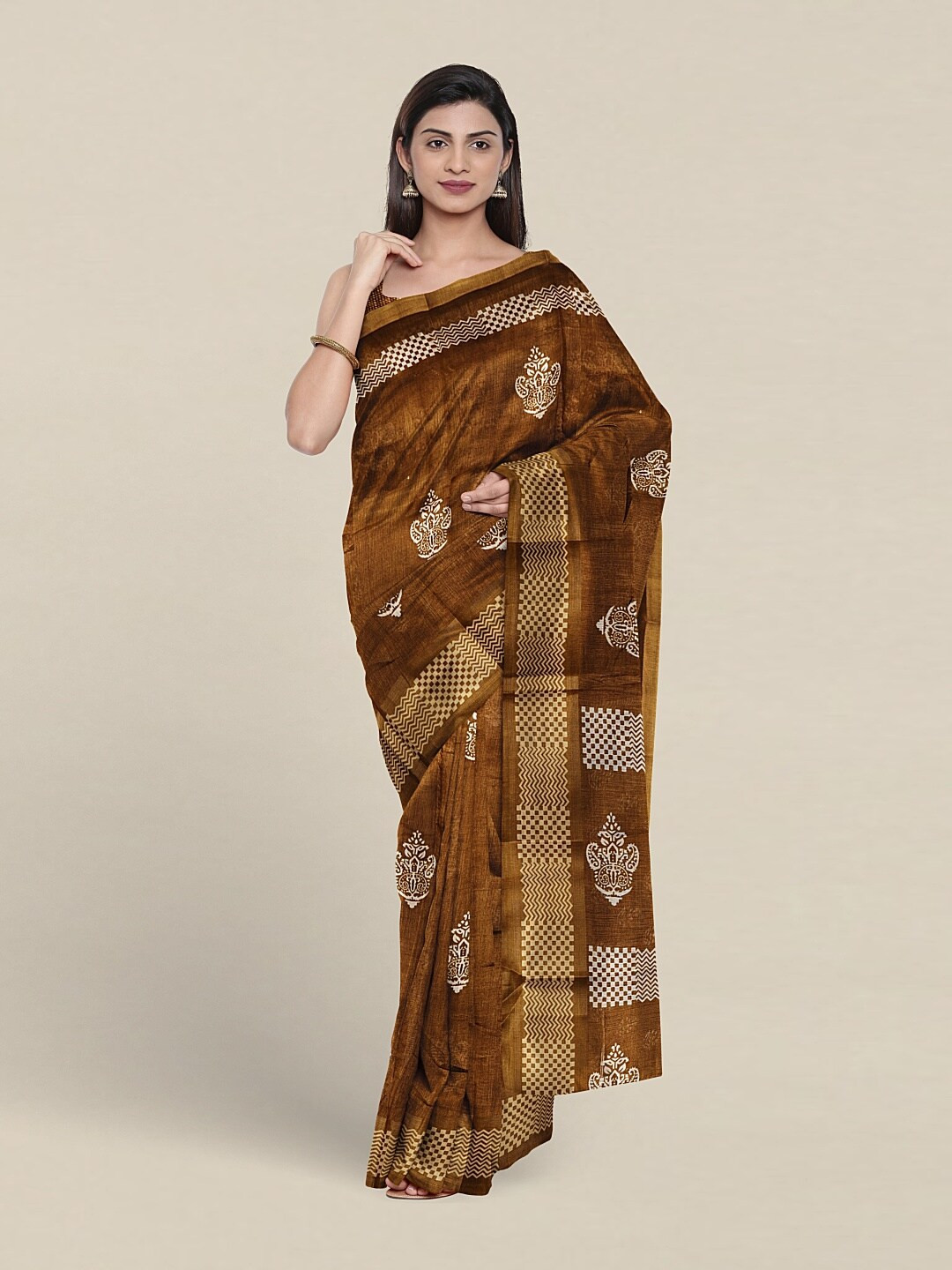 

Pothys Paisley Printed Zari Saree, Brown