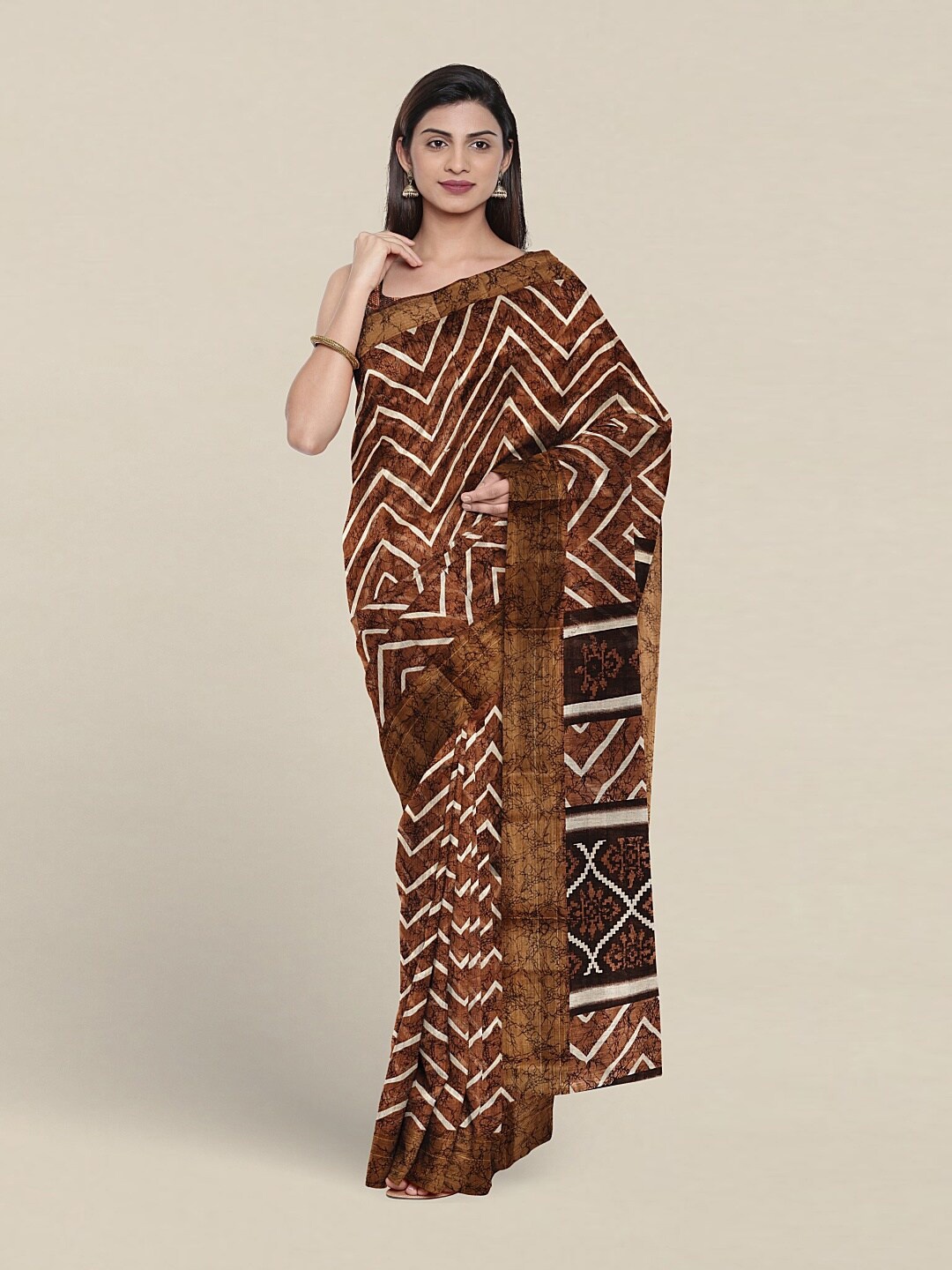 

Pothys Geometric Printed Zari Saree, Brown