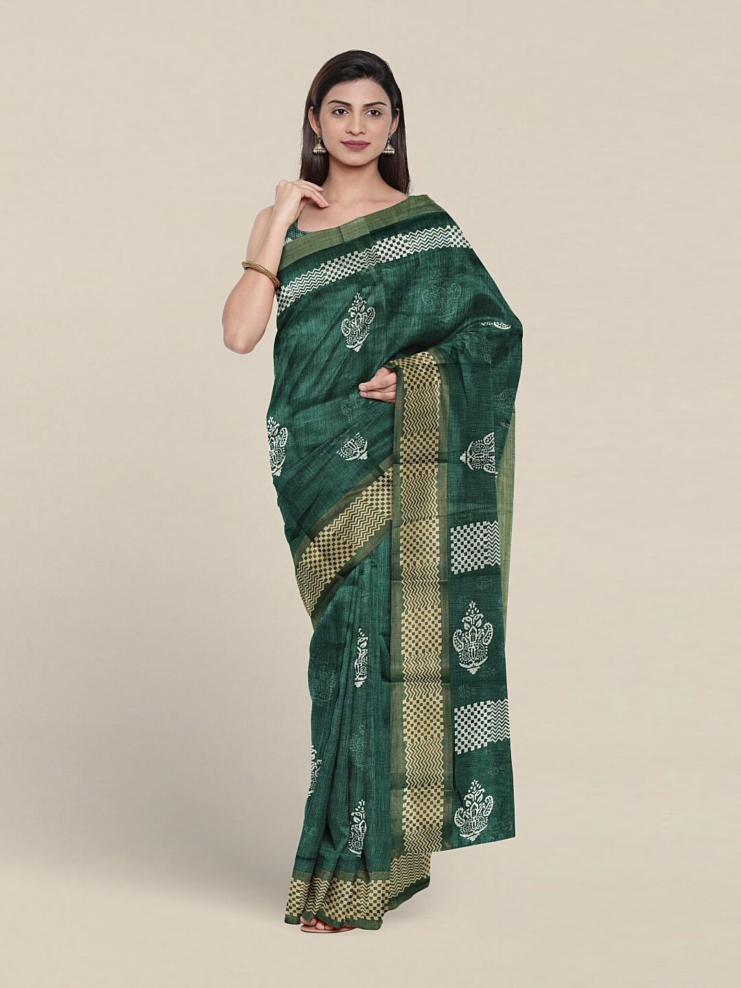 

Pothys Ethnic Motifs Printed Zari Saree With Blouse Piece, Green